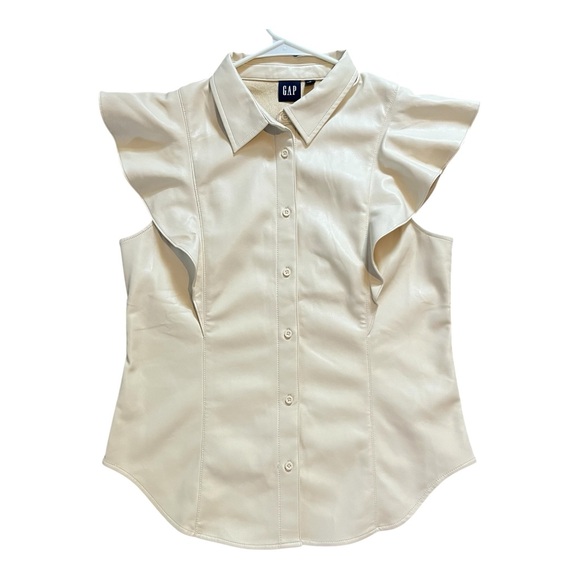 Gap Faux Leather Cream Ruffle Sleeve Women's Top - Picture 2 of 6
